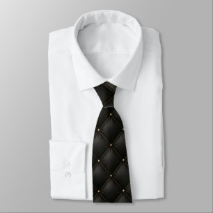 Quilted Black Leather with Gold Studs Neck Tie