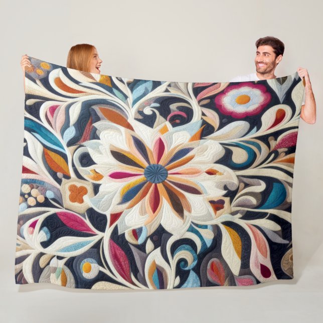 Quilted Blue Abstract Floral Design Fleece Blanket (In Situ)