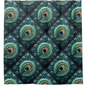 Quilted Blue Peacock Feathers Design Shower Curtain