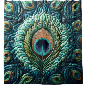 Quilted Blue Peacock Feathers Design Shower Curtain