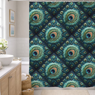 Quilted Blue Peacock Feathers Design Shower Curtain