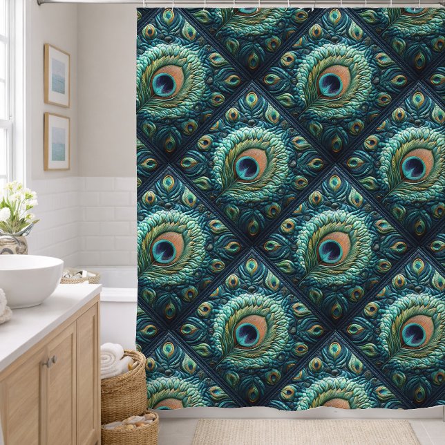 Quilted Blue Peacock Feathers Design Shower Curtain (Creator Uploaded)