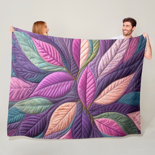 Quilted Blue Purple Pink Leaves Design Fleece Blanket (In Situ)