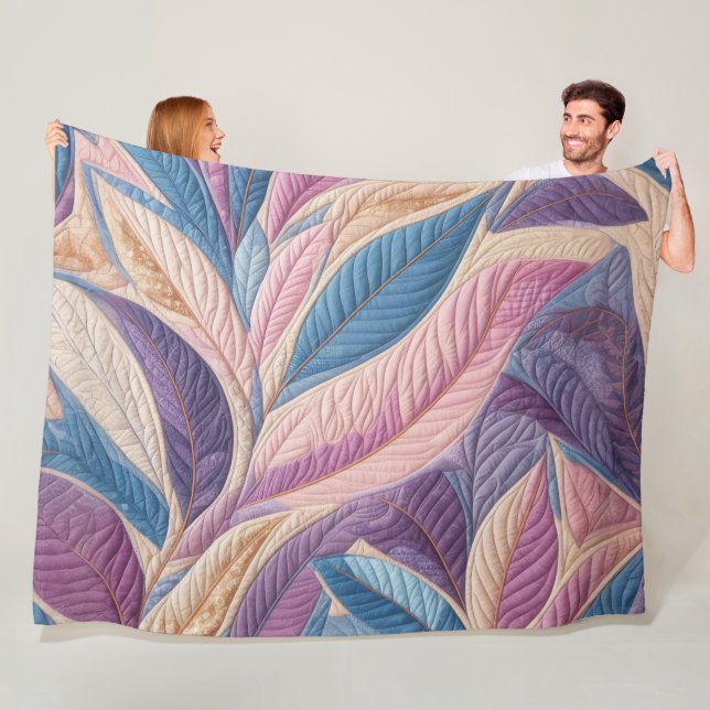 Quilted Blue Purple Pink Leaves Design Fleece Blanket (In Situ)