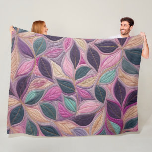 Quilted Blue Purple Pink Leaves Design Fleece Blanket