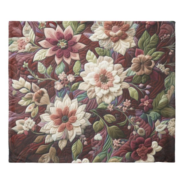 Quilted Burgundy Floral Design Duvet Cover (Front)