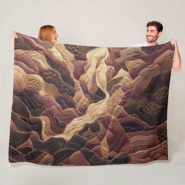 Quilted Burgundy Gold Abstract Design Fleece Blanket (In Situ)