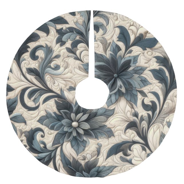 Quilted Cream and Navy Blue Floral Design Brushed Polyester Tree Skirt (Front)