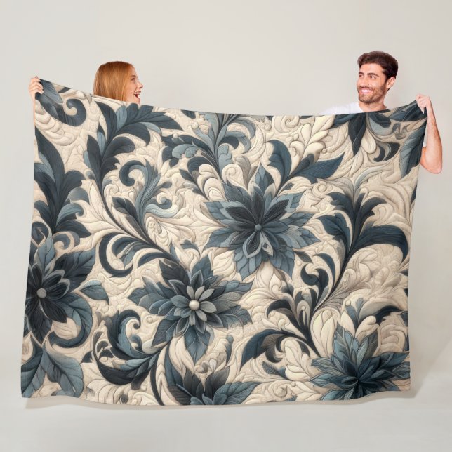 Quilted Cream and Navy Blue Floral Design Fleece Blanket (In Situ)