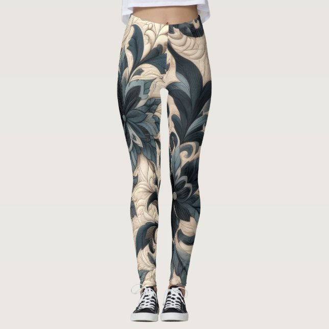 Quilted Cream and Navy Blue Floral Design Leggings (Front)