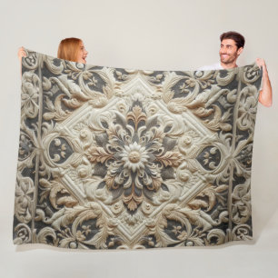 Quilted Cream Gray Ornate Arabesque Fleece Blanket