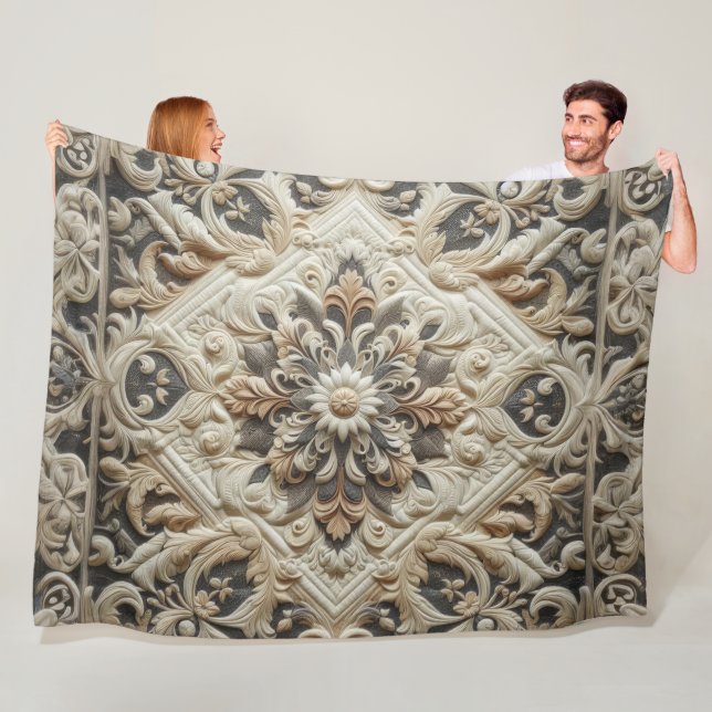 Quilted Cream Gray Ornate Arabesque Fleece Blanket (In Situ)