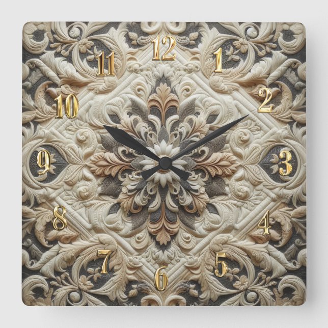 Quilted Cream Gray Ornate Arabesque Square Wall Clock (Front)