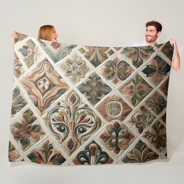 Quilted Design in Copper Green Gray Fleece Blanket (In Situ)