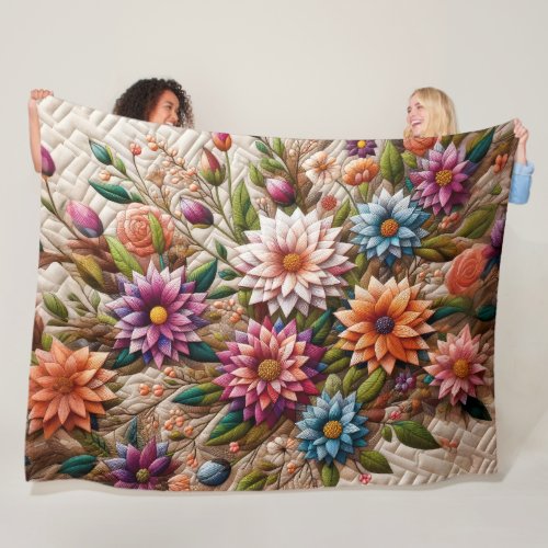 Quilted Design of Flowers Fleece Blanket