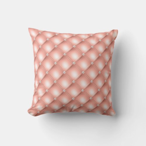 Quilted Diamond Sparkly Rose Gold Pink Luxury Throw Pillow