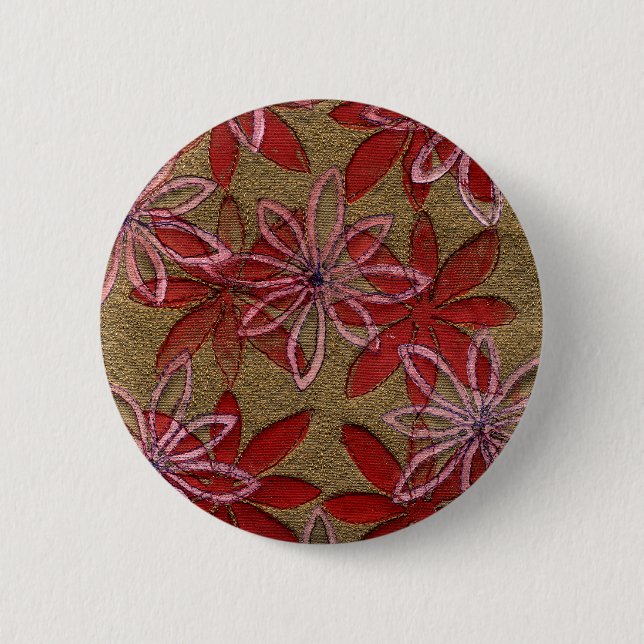 Quilted Flowers - Hand Carved Block - Red Pink Pinback Button (Front)