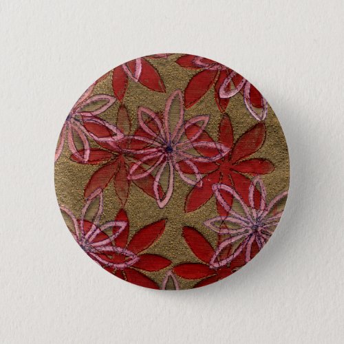 Quilted Flowers _ Hand Carved Block _ Red Pink Pinback Button