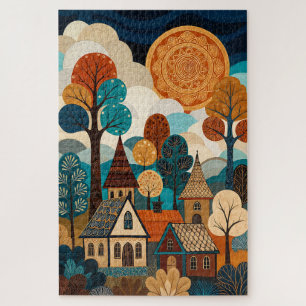 Quilted Folk Art Village - Patchwork Sun & Trees L Jigsaw Puzzle