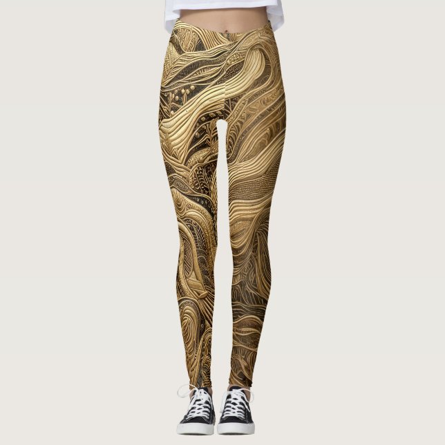 Quilted Gold Abstract Design Leggings (Front)