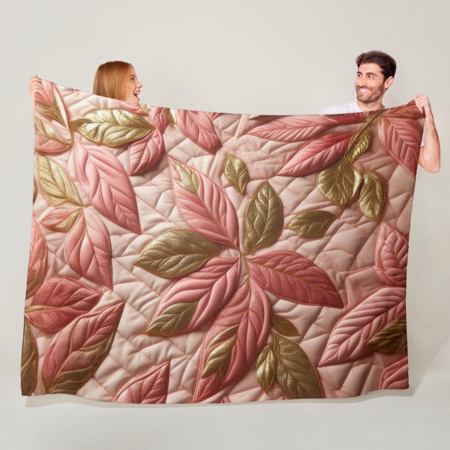 Quilted Gold and Pink Leaves Design Fleece Blanket (In Situ)