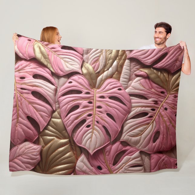 Quilted Gold and Pink Monstera Leaves Design Fleece Blanket (In Situ)