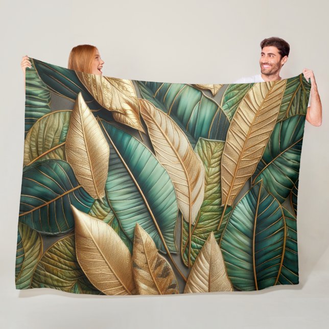 Quilted Gold Green Tropical Leaves Design Fleece Blanket (In Situ)