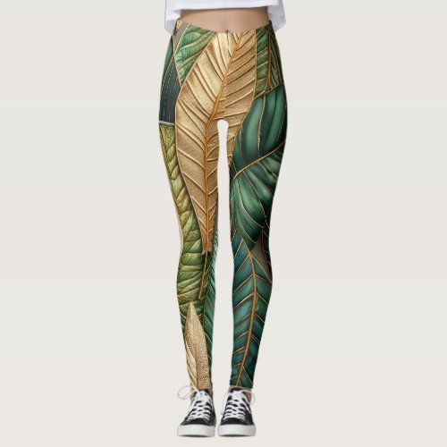 Quilted Gold Green Tropical Leaves Design Leggings