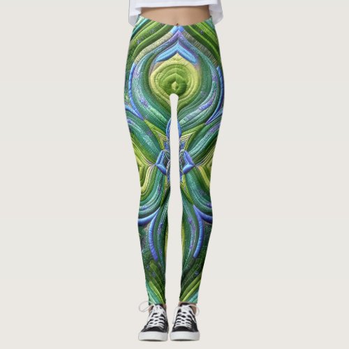 Quilted Green Blue Abstract Design Leggings