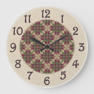 Quilted Green Burgundy Star Large Clock