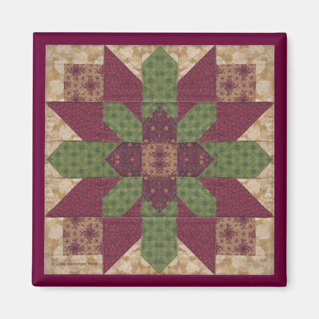 Quilted Green Burgundy Star Magnet (Front)