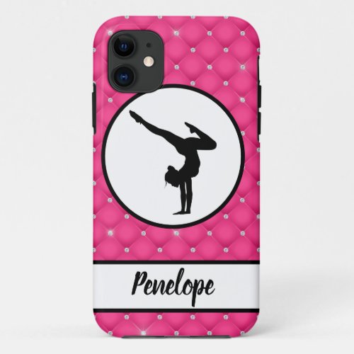 Quilted Hot Pink Faux Rhinestone Handstand    iPhone 11 Case