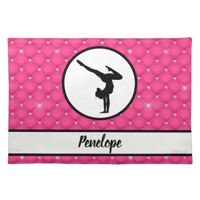 Quilted Hot Pink Faux Rhinestone Handstand  Cloth Placemat (Front)