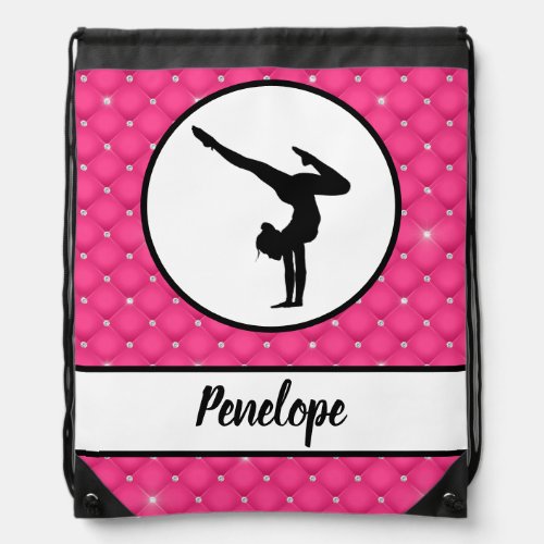 Quilted Hot Pink Faux Rhinestone Handstand    Drawstring Bag