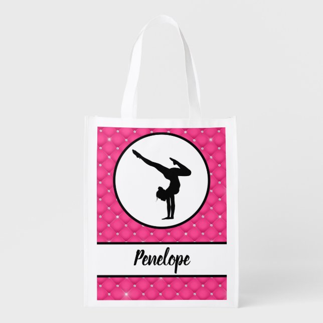 Quilted Hot Pink Faux Rhinestone Handstand   Grocery Bag (Front)