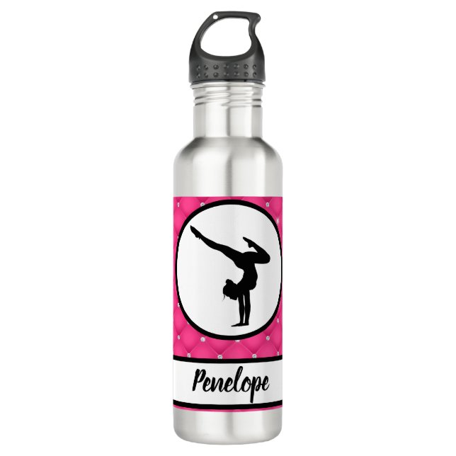 Quilted Hot Pink Faux Rhinestone Handstand    Stainless Steel Water Bottle (Front)
