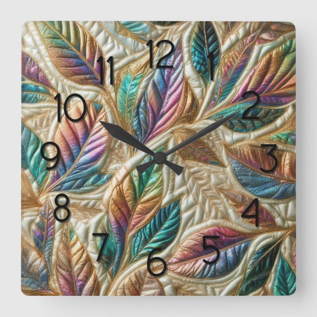 Quilted Iridescent Leaves Design Square Wall Clock (Front)