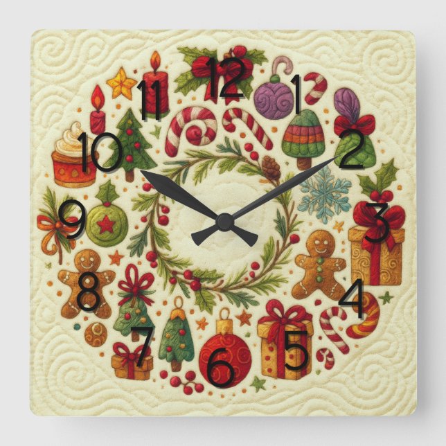 Quilted Look Christmas Motifs Square Wall Clock (Front)