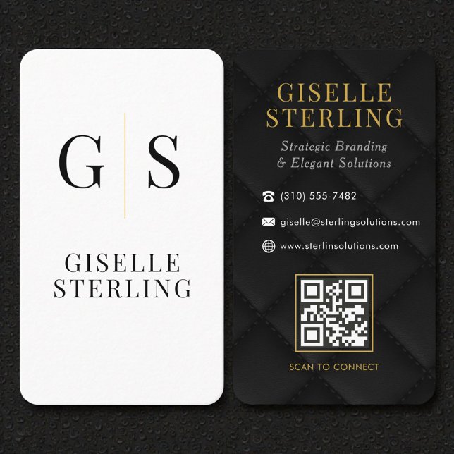 Quilted Luxury Black White Gold Monogram QR Code Business Card (Creator Uploaded)