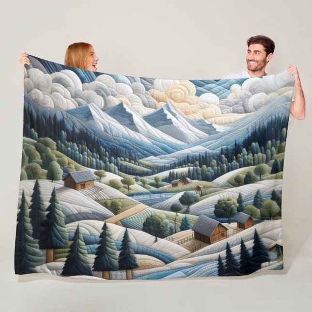 Quilted Mountain Landscape Scene Blue Fleece Blanket (In Situ)