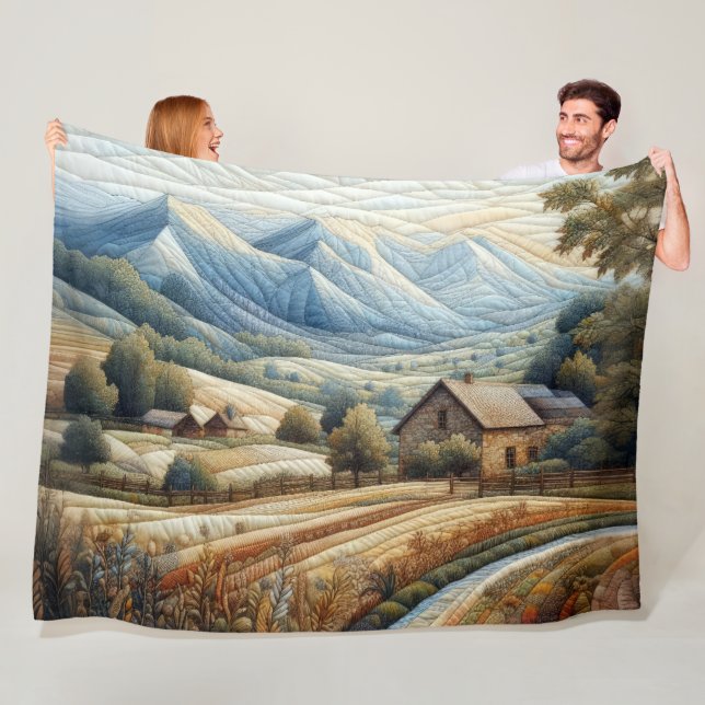 Quilted Mountain Landscape Scene Blue Fleece Blanket (In Situ)