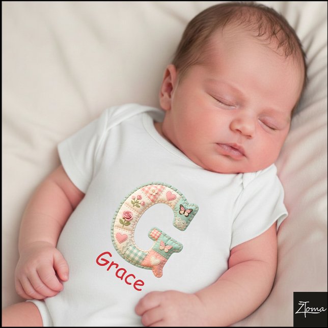 Quilted Patchwork Initial Letter G Nursery Baby Bodysuit (This is a sample design. There are several models to choose from, with the name and color changed.)