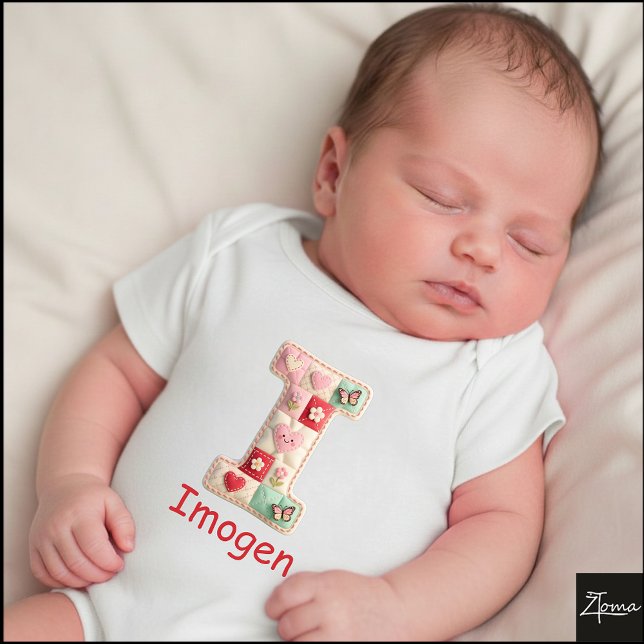 Quilted Patchwork Initial Letter I Nursery Baby Bodysuit (This is a sample design. There are several models to choose from, with the name and color changed.)