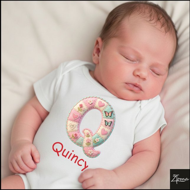 Quilted Patchwork Initial Letter Q Nursery Baby Bodysuit (This is a sample design. There are several models to choose from, with the name and color changed.)