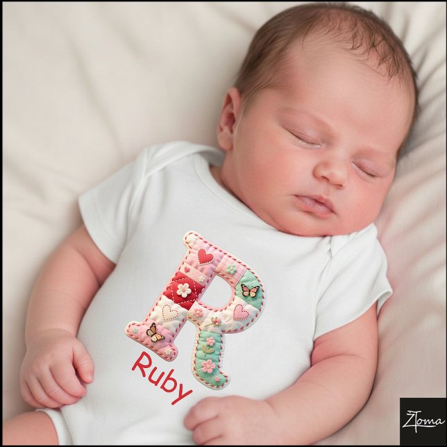 Quilted Patchwork Initial Letter R Nursery Baby Bodysuit (This is a sample design. There are several models to choose from, with the name and color changed.)