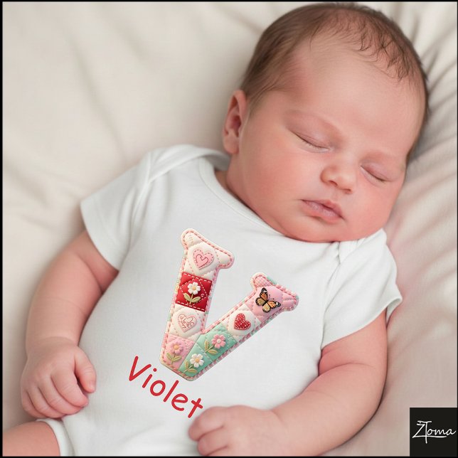 Quilted Patchwork Initial Letter V Nursery Baby Bodysuit (This is a sample design. There are several models to choose from, with the name and color changed.)