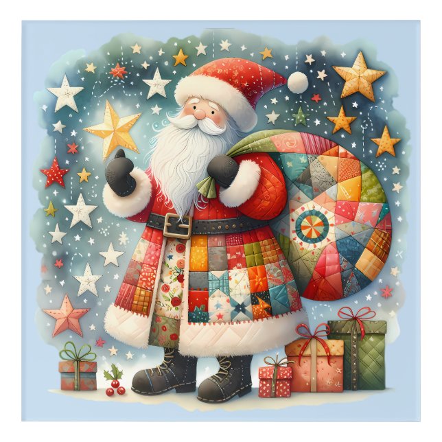 Quilted Patchwork Santa with Christmas Stars Acrylic Print (Front)
