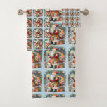 Quilted Patchwork Santa with Christmas Stars Bath Towel Set