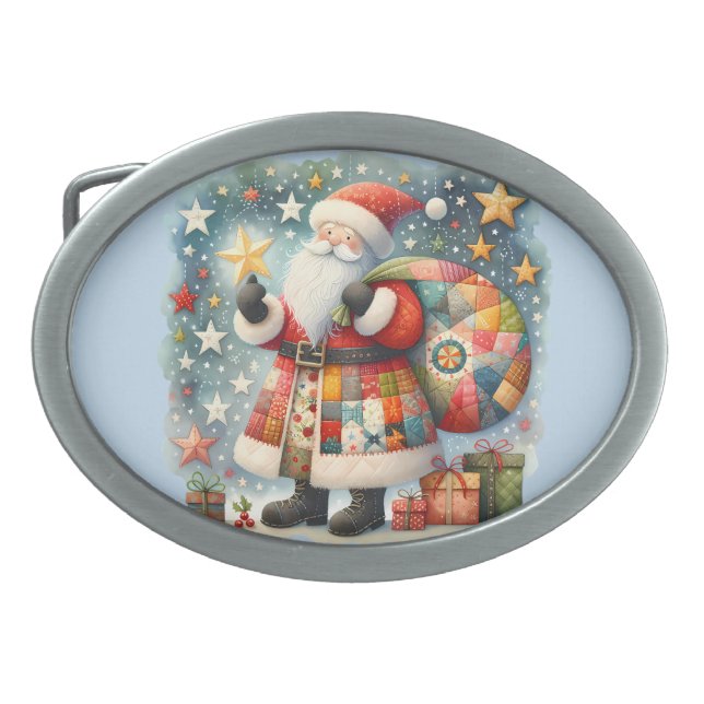 Quilted Patchwork Santa with Christmas Stars Belt Buckle (Front)