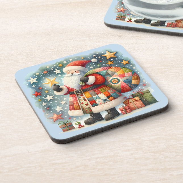 Quilted Patchwork Santa with Christmas Stars Beverage Coaster (Left Side)